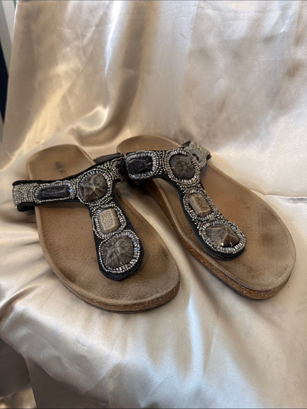 Beaded Black Women's T-strap Sandals, Nine West.